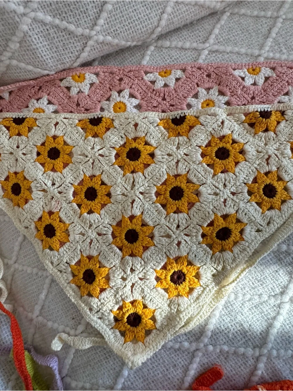 Handmade Daisy Crochet Bandana Scarf - Pink, Orange, Green, Lavender